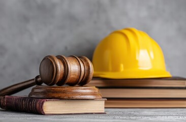 Justice, safety, and the law converge in this powerful image of a gavel, hard hat, and legal books.