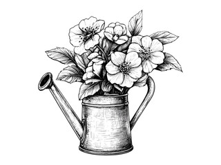 Seasonal garden tool, spring watering can engraving, vintage hand-drawn black sketch, flower care decor, old engraving style, trendy floral garden illustration, rustic gardening art © Vintage Studio