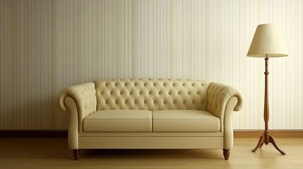 Light beige sofa and floor lamp in a room with light beige striped wallpaper.