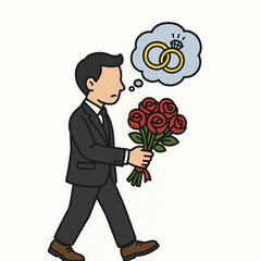 Man with Briefcase Holding Flowers and Imagining Wedding. This is suitable for business presentations, designs, clip art, element designs, and many more artworks.
