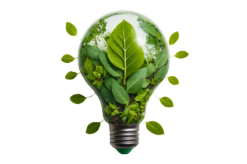 Eco friendly lightbulb from fresh leaves top vie, concept of Renewable Energy and Sustainable Living, created with Generative AI technology
