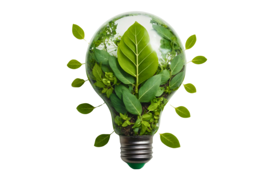 Eco friendly lightbulb from fresh leaves top vie, concept of Renewable Energy and Sustainable Living, created with Generative AI technology
