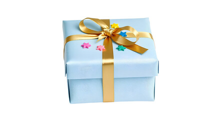 Photo of gift box wrapped with light blue fabric isolated on transparent background