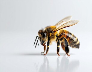 Close up of a Honeybee on a White Background The insect displays detailed texture and coloration