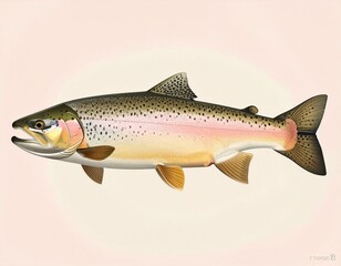 Naklejka premium Detailed illustration of a Rainbow Trout showcasing its vibrant colors and markings against a pale pink background