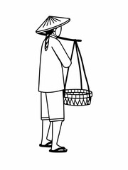 Vietnamese Street Vendor with Conical Hat and Carrying Basket Illustration