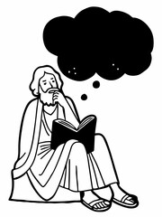Contemplative Scholar Reading Ancient Text Black and White Illustration