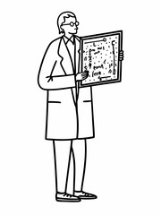 Scientist Examining Complex Diagram or Circuit Board Line Art Illustration