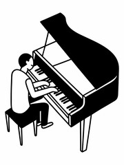 Elegant Line Art Illustration of a Pianist Playing a Grand Piano
