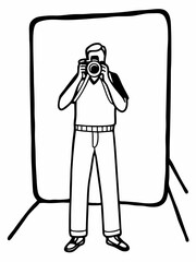 Photographer Taking Pictures in a Studio Setting A Black and White Illustration