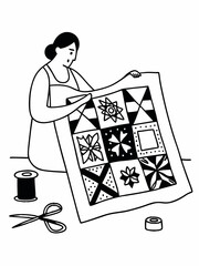 Woman Handcrafts a Patchwork Quilt A Black and White Illustration