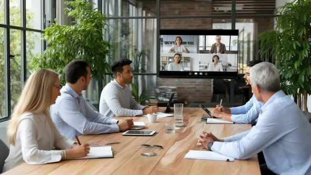 A modern office meeting with a diverse team participating via video conferencing, highlighting collaboration and teamwork.