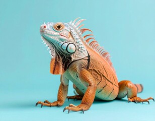 Obraz premium Green and Orange Iguana on a Light Blue Background reptile lizard green iguana