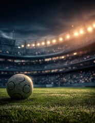 Obraz premium Lone Soccer Ball on a Lush Green Field Under Stadium Lights