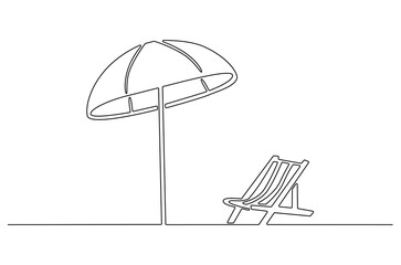 Continuous one line drawing of Beach chair lounger with umbrella. Single line drawing illustration of Beach umbrella and chair. Summer vacation by the sea concept vector art. Doodle line illustration.