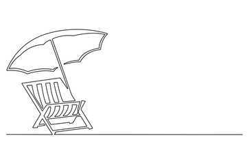 Continuous one line drawing of Beach chair lounger with umbrella. Single line drawing illustration of Beach umbrella and chair. Summer vacation by the sea concept vector art. Doodle line illustration.