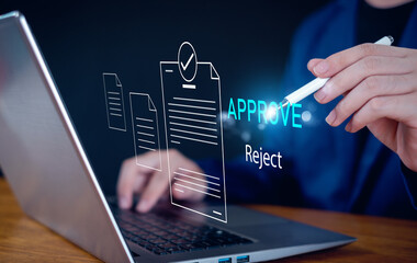 Approved, accept, pass inspection, Businessman writing or tick correct mark to approve document and project concept.