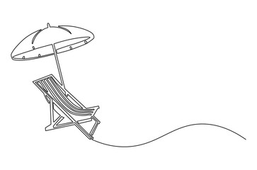 Continuous one line drawing of Beach chair lounger with umbrella. Single line drawing illustration of Beach umbrella and chair. Summer vacation by the sea concept vector art. Doodle line illustration.
