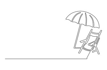 Continuous one line drawing of Beach chair lounger with umbrella. Single line drawing illustration of Beach umbrella and chair. Summer vacation by the sea concept vector art. Doodle line illustration.