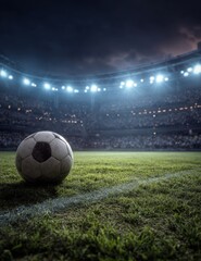 Fototapeta premium Lone Soccer Ball Under Stadium Lights Awaits the Kickoff