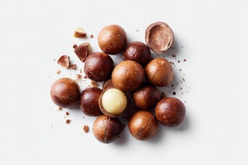 Obraz premium A cluster of whole and cracked macadamia nuts, showcasing their creamy interiors against a stark white backdrop. A few shell fragments are scattered nearby