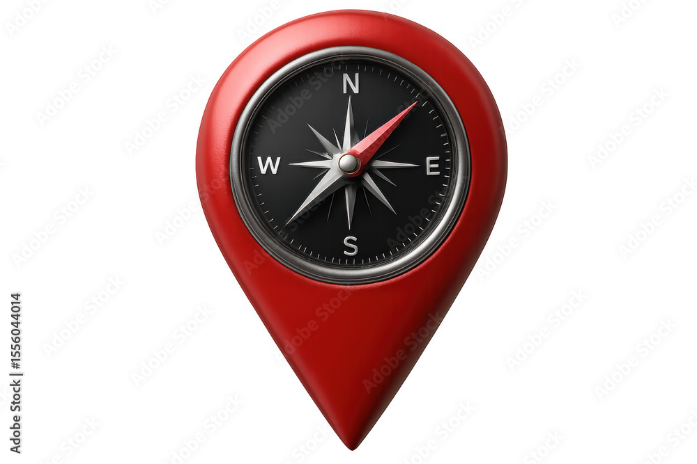 Fototapete 3d rendering of a red location pin with an embedded compass pointing north, isolated on transparent background