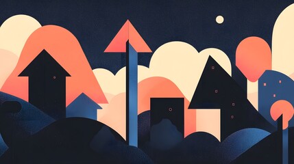 Abstract Geometric Landscape with Upward Arrows, Growth, Progress, and Urban Development