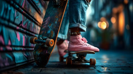 Urban Teenager in Rolled Jeans and Pink Sneakers with Graffiti Skateboard at Dusk perfect for youth fashion editorials, streetwear brand promotions, teen culture blogs, and urban sports campaigns