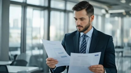 A businessman who reads paperwork with focus. A serious man verifying information on documents - Powered by Adobe