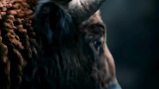 Close-up of a Bison's Eye and Head in Dark, Moody Lighting