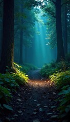 Fototapeta premium A powerful flashlight beam cuts through the darkness, illuminating a mysterious, shadowy forest path The light reveals textures of leaves, bark, and the damp earth , darkness, earth