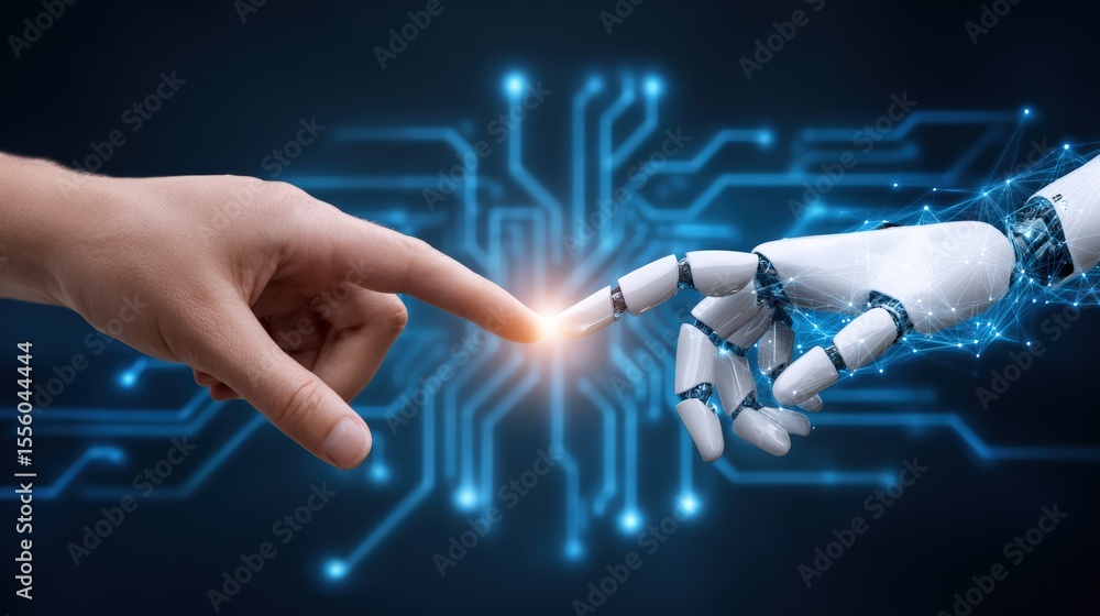 Poster human and robot hand connection in futuristic digital setting