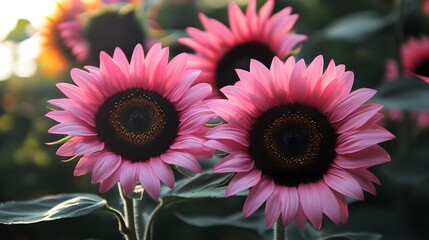 Pink Sunflower Field Close Up Blooming Sunflowers