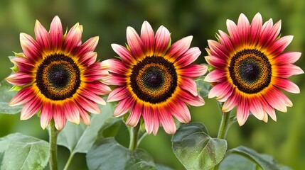 Trio of Red and Yellow Sunflowers Blooming in Garden