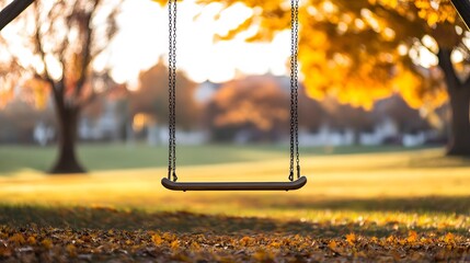Empty Swing Set in Autumn Park Sunset Scenery