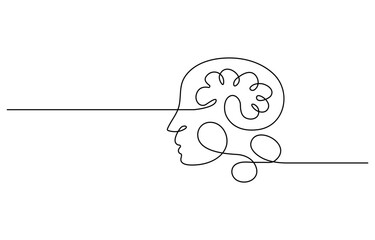 Continuous one line drawing of human brain. Hand drawn minimalism style, Brain line art vector illustration, psychology, idea and intelligence concept. Editable stroke.