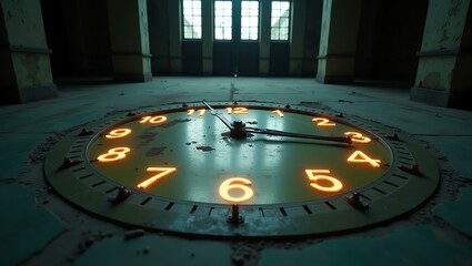 In a dimly lit, abandoned space, a round clock with neon orange numerals stands out against peeling walls and a turquoise floor