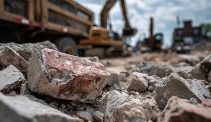 Crumbling Concrete and Heavy Machinery Dominate a Demolition Site, Capturing the Raw Power of Urban Renewal.