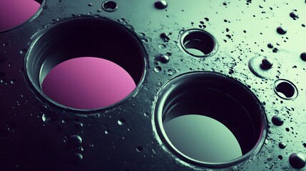 Abstract Dark Metal Plate with Circular Holes and Glowing Interiors