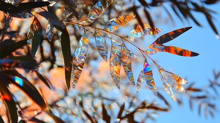 Vibrant Iridescent Leaves in Sunlight Abstract Nature Photography