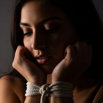 close up of a pretty asian woman enjoying shibari and kinbaku around her wrists in an artistic and sexy way, revealing the aesthetic bondage