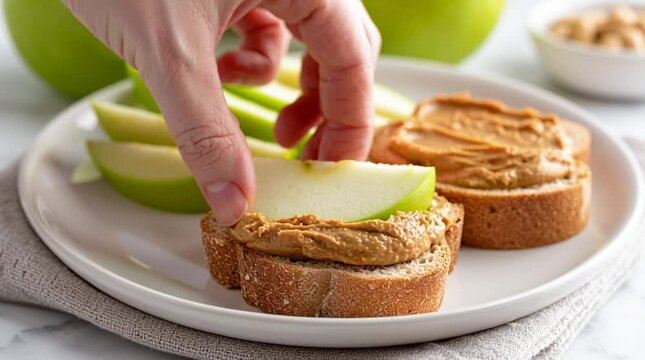 A person reaching for a green apple slice next to bread with peanut butter on a white plate view