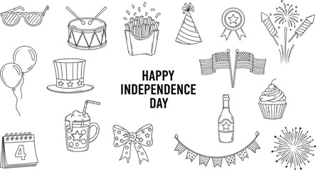 Happy independence day themed line art with party elements and american symbols illustration drawing