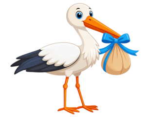  Smiling Cartoon Stork Mascot with Long Beak and Baby Delivery Theme, isolated on transparent background PNG