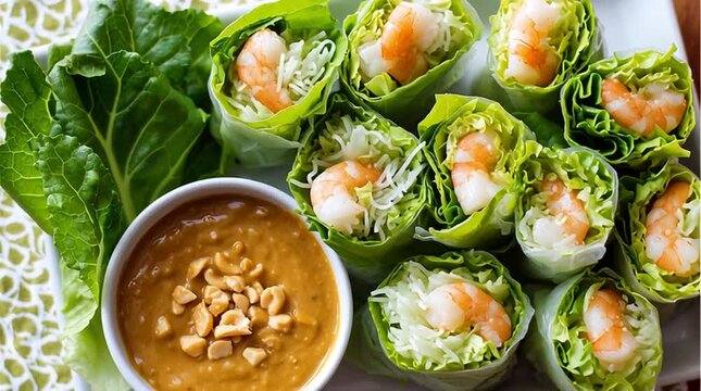 Shrimp lettuce wraps displayed with peanut sauce and leafy greens on a patterned napkin plate