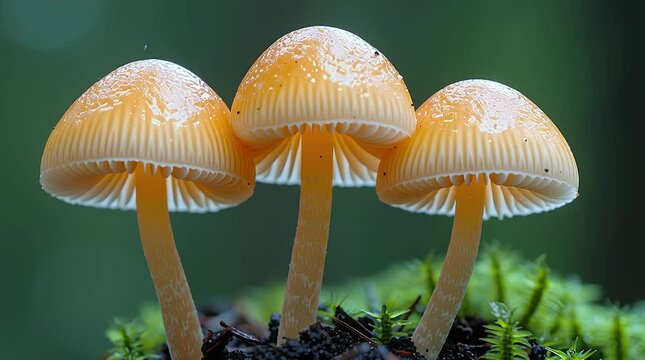 Trio of Delicate Yellow Mushrooms Glistening on Moss in a Forest With Dark Background