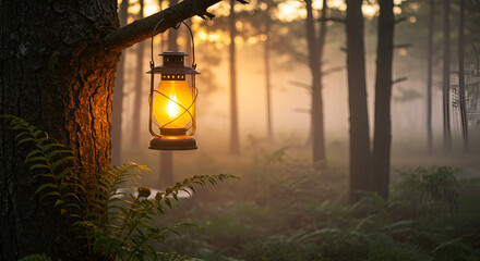 A warm lantern illuminates a misty forest at dusk,creating a serene atmosphere