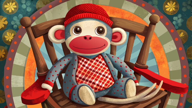 se up Made from red-heeled socks, this vintage sock monkey doll has stitched lips and floppy limbs. It sits slouched on a wooden rocking chair with faded patchwork behind. 