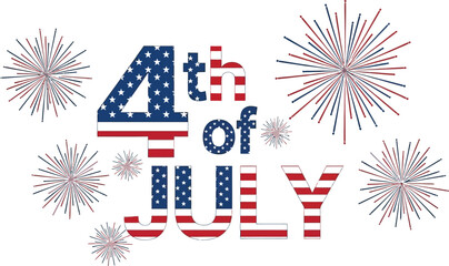 Obraz premium Fourth of july celebration with american flag themed text and red and blue fireworks on white background