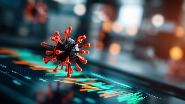 Virus particle with spike protein over digital data chart featuring blue bar for virus pandemic